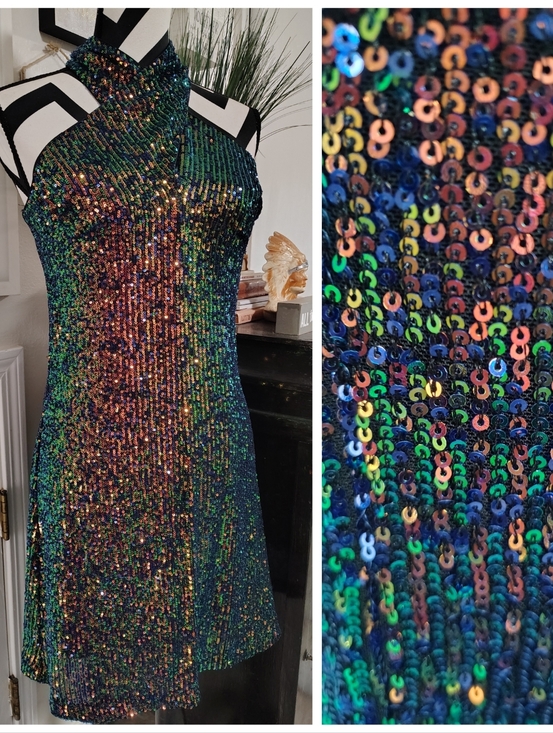 Cache Dresses & Skirts - Caché Sequin Halter Mini Dress Iridescent Women's XS Mermaidcore Retro Stretch